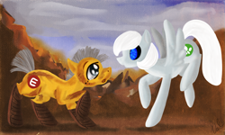 Size: 2000x1200 | Tagged: safe, artist:valkyrieskies, imported from derpibooru, cyborg, crossover, e.v.e., eve, pixar, ponified, wall-e