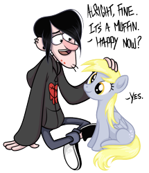 Size: 678x788 | Tagged: safe, artist:tenaflyviper, imported from derpibooru, derpy hooves, human, pegasus, pony, crossover, duo, gravity falls, robbie v., robbie valentino, simple background, smiling, the inconveniencing, transparent background