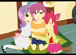 Size: 773x560 | Tagged: safe, artist:mewcherrii, imported from derpibooru, apple bloom, scootaloo, sweetie belle, human, the cutie mark chronicles, clothes, cutie mark crusaders, dress, gang hape, group hug, hape, hug, humanized, mary janes, midriff, personal space invasion, scene interpretation, shoes, short shirt, skirt