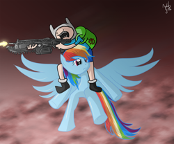 Size: 1440x1200 | Tagged: safe, artist:kenzomg, imported from derpibooru, rainbow dash, human, pony, adventure time, crossover, finn the human, gun