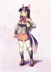 Size: 900x1273 | Tagged: safe, artist:aruurara, imported from derpibooru, twilight sparkle, human, book, clothes, eared humanization, female, horned humanization, humanized, schoolgirl, solo, tailed humanization