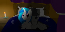 Size: 5000x2500 | Tagged: safe, artist:nostalgiagamerjs, imported from derpibooru, dj pon-3, octavia melody, vinyl scratch, bed, female, lesbian, scratchtavia, shipping