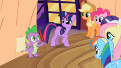 Size: 1280x720 | Tagged: safe, imported from derpibooru, screencap, applejack, fluttershy, pinkie pie, rainbow dash, rarity, spike, twilight sparkle, lesson zero, mane seven