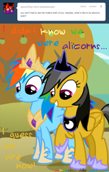 Size: 1220x1920 | Tagged: dead source, safe, artist:drumblastingquilava, imported from derpibooru, daring do, princess celestia, princess luna, rainbow dash, alicorn, pony, ask, askdashanddo, race swap, rainbowcorn, tumblr