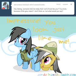 Size: 1280x1280 | Tagged: dead source, safe, artist:drumblastingquilava, imported from derpibooru, daring do, rainbow dash, oc, ask, askdashanddo, blood, tumblr