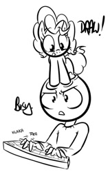 Size: 392x613 | Tagged: safe, artist:shoutingisfun, imported from derpibooru, pinkie pie, human, pony, behaving like a cat, computer, drawing, monochrome, tulpa