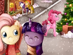 Size: 800x600 | Tagged: safe, artist:chimi-chu, imported from derpibooru, applejack, fluttershy, pinkie pie, rarity, twilight sparkle, christmas, christmas tree, clothes, scarf, snow, snowfall, tree, winter