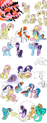 Size: 972x2524 | Tagged: safe, artist:otterlore, imported from derpibooru, angel bunny, applejack, firefly, fluttershy, lofty, paradise, pinkie pie, rainbow dash, rarity, twilight sparkle, wind whistler, hippocampus, merpony, female, flarity, flutterdash, g1, g1 to g4, g4, generation leap, kissing, lesbian, shipping