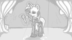 Size: 1920x1080 | Tagged: safe, artist:twilightsquare, imported from derpibooru, rarity, pony, female, grayscale, magic, microphone, monochrome, singing, solo, wallpaper