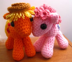 Size: 2514x2178 | Tagged: safe, artist:acrylicsheep, imported from derpibooru, applejack, pinkie pie, pony, amigurumi, crochet, hat, irl, photo, plushie