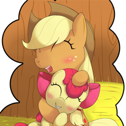 Size: 1200x1200 | Tagged: safe, artist:hoyeechun, imported from derpibooru, apple bloom, applejack, earth pony, pony, blushing, duo, eyes closed, female, hay, siblings, sisters, tickling