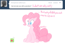 Size: 655x433 | Tagged: safe, artist:bambooharvester, imported from derpibooru, pinkie pie, pony, ask, female, juice box, pinkie pie replies, solo, tumblr