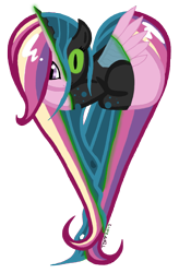 Size: 1639x2502 | Tagged: safe, artist:missitofu, imported from derpibooru, princess cadance, queen chrysalis, alicorn, changeling, changeling queen, cadance two face, character to character, cute, cutealis, disguise, disguised changeling, duality, fake cadance, female, heart changeling, heart pony, mare, missing cutie mark, simple background, solo, transformation, transparent background
