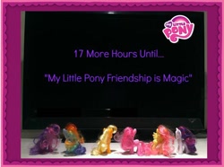 Size: 626x466 | Tagged: safe, imported from derpibooru, applejack, fluttershy, pinkie pie, rainbow dash, rarity, twilight sparkle, season 3, brushable, countdown, hype, irl, my little pony logo, official, photo, title drop, toy