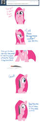 Size: 668x2008 | Tagged: safe, artist:bambooharvester, imported from derpibooru, pinkie pie, earth pony, pony, ask, comic, cute, cuteamena, female, knife, mare, pinkamena diane pie, pinkie pie replies, pinkie promise, solo, tumblr, weapon