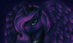 Size: 1280x756 | Tagged: safe, artist:chaos-controlled-123, imported from derpibooru, princess luna, pony, bust, female, looking at you, s1 luna, solo