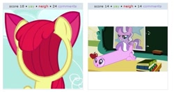 Size: 547x288 | Tagged: safe, imported from derpibooru, apple bloom, diamond tiara, exploitable meme, juxtaposition, juxtaposition win, wat, what has science done