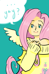 Size: 2000x3000 | Tagged: safe, artist:quixoticschlemiel, imported from derpibooru, fluttershy, human, clothes, humanized, solo, sweater, sweatershy, winged humanization
