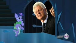 Size: 854x480 | Tagged: safe, edit, edited screencap, imported from derpibooru, screencap, spike, twilight sparkle, the crystal empire, bill clinton, exploitable meme, hub logo, meme, photo, politics, the scary door