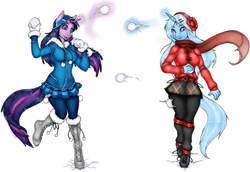 Size: 1086x745 | Tagged: safe, artist:niisbbb, imported from derpibooru, trixie, twilight sparkle, anthro, unguligrade anthro, clothes, hoof boots, snow, snowball, snowball fight