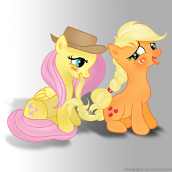 Size: 3000x3000 | Tagged: safe, artist:bri-sta, artist:martybpix, imported from derpibooru, applejack, fluttershy, accessory swap, appleshy, female, lesbian, nom, shipping, tail bite