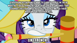 Size: 1028x578 | Tagged: safe, edit, edited screencap, imported from derpibooru, screencap, rarity, pony, sweet and elite, croquet mallet, female, image macro, mouth hold, overanalyzing, racism, solo, sweat