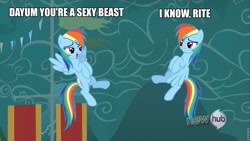 Size: 960x540 | Tagged: safe, imported from derpibooru, fluttershy, rainbow dash, magic duel, double rainbow, image macro, implied flutterdash, implied lesbian, implied shipping, narcissism, stupid sexy rainbow dash