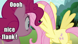 Size: 1280x720 | Tagged: safe, edit, edited screencap, imported from derpibooru, screencap, fluttershy, pinkie pie, pegasus, pony, butt, caption, dat ass, dat butt, female, flank, flutterpie, image macro, lesbian, mare, meme, pervert, plot, shipping