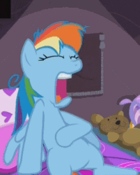 Size: 375x467 | Tagged: safe, imported from derpibooru, screencap, rainbow dash, pony, sleepless in ponyville, animated, female, morning ponies, solo, teddy bear, yawn