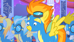 Size: 1280x720 | Tagged: safe, artist:capnpea, edit, edited screencap, imported from derpibooru, screencap, high winds, lightning streak, misty fly, spitfire, surprise, the best night ever, eyes, faic, wat