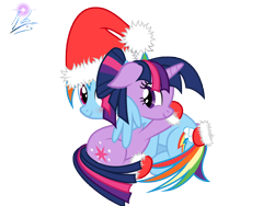 Size: 8000x6000 | Tagged: safe, artist:nightmaremoons, imported from derpibooru, rainbow dash, twilight sparkle, absurd resolution, alternate hairstyle, clothes, female, hat, hug, lesbian, santa hat, shipping, simple background, socks, transparent background, twidash, vector, winghug