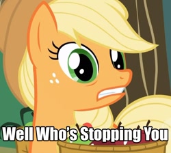 Size: 964x865 | Tagged: safe, edit, edited screencap, imported from derpibooru, screencap, applejack, pony, applebuck season, female, image macro, reaction image, solo