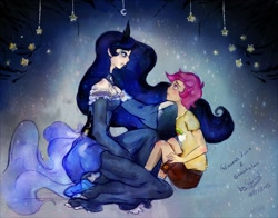 Size: 1280x1004 | Tagged: safe, artist:prodigymysoul, imported from derpibooru, princess luna, scootaloo, human, sleepless in ponyville, comforting, humanized, scene interpretation