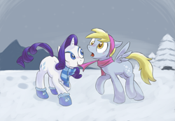 Size: 1325x917 | Tagged: safe, artist:yeendip, imported from derpibooru, derpy hooves, rarity, pegasus, pony, blushing, clothes, derpity, female, hat, lesbian, mare, mittens, scarf, shipping, snow, winter