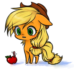 Size: 699x655 | Tagged: safe, artist:ponymonster, imported from derpibooru, applejack, worm, apple, chibi, female, obligatory apple, solo