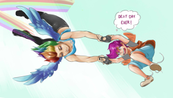 Size: 1366x768 | Tagged: safe, artist:sundown, imported from derpibooru, rainbow dash, scootaloo, human, sleepless in ponyville, duo, duo female, epic, female, humanized, scootalove, thought bubble, wallpaper, winged humanization