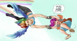 Size: 1026x550 | Tagged: safe, artist:sundown, edit, imported from derpibooru, rainbow dash, scootaloo, human, duo, duo female, female, humanized, recaption, scootalove, thought bubble, toilet humor, winged humanization