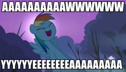 Size: 947x540 | Tagged: safe, edit, edited screencap, imported from derpibooru, screencap, rainbow dash, pony, sleepless in ponyville, female, hub logo, image macro, inverted mouth, reaction image, solo