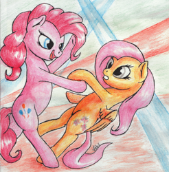 Size: 616x625 | Tagged: safe, artist:vabla, imported from derpibooru, fluttershy, pinkie pie, dancing, duo, flutterpie, shipping