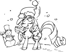 Size: 1200x957 | Tagged: safe, artist:damianuss, imported from derpibooru, rarity, pony, hat, santa hat, snow, snowman, solo, winter