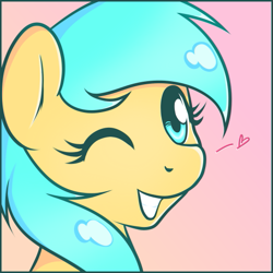 Size: 505x505 | Tagged: safe, artist:marikaefer, imported from derpibooru, sunshower raindrops, pony, female, heart, one eye closed, solo, wink