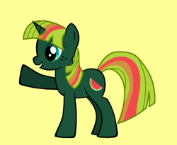 Size: 506x414 | Tagged: safe, artist:bassxzero, imported from derpibooru, oc, oc only, food pony, original species, pony, unicorn, pony creator, female, freckles, mare, pointing, solo, watermelon