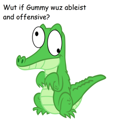 Size: 1064x1140 | Tagged: safe, edit, imported from derpibooru, gummy, ableist, derp, exploitable meme, eyes, male, meme, offensive, solo, wut if gummy wuz a meme