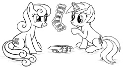 Size: 894x494 | Tagged: safe, artist:stinkehund, imported from derpibooru, bon bon, lyra heartstrings, sweetie drops, clothes, duo, monochrome, present, socks, striped socks, toe socks