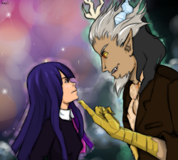 Size: 957x862 | Tagged: safe, artist:little-red-hamster, imported from derpibooru, discord, twilight sparkle, horned humanization, humanized