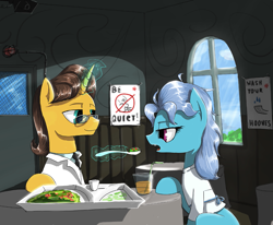 Size: 1115x919 | Tagged: safe, artist:madhotaru, imported from derpibooru, doctor horse, doctor stable, screw loose, duo, feeding, female, glasses, hospital, male