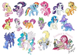 Size: 1500x1083 | Tagged: safe, artist:chibi-jen-hen, imported from derpibooru, apple bloom, applejack, derpy hooves, dj pon-3, fluttershy, madame leflour, mr. turnip, pinkamena diane pie, pinkie pie, princess celestia, princess luna, rainbow dash, rarity, rocky, scootaloo, sir lintsalot, spike, sweetie belle, trixie, twilight sparkle, vinyl scratch, alicorn, earth pony, pegasus, pony, unicorn, cutie mark crusaders, female, mare, watermark