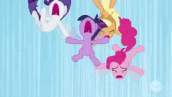 Size: 320x180 | Tagged: safe, imported from derpibooru, screencap, applejack, fluttershy, pinkie pie, rarity, twilight sparkle, wonderbolts academy, animated, bouncing, cloud, cloud sculpting, cloudy, falling, female, trampoline