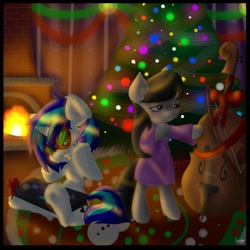 Size: 1200x1200 | Tagged: safe, artist:fatcakes, imported from derpibooru, dj pon-3, octavia melody, vinyl scratch, earth pony, pony, unicorn, bipedal, cello, christmas, christmas tree, female, holiday, lesbian, mare, musical instrument, scratchtavia, shipping, tree