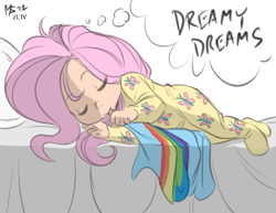 Size: 674x521 | Tagged: safe, artist:allosaurus, artist:megasweet, imported from derpibooru, fluttershy, human, bed, clothes, footed sleeper, footie pajamas, humanized, onesie, pajamas, sleeping, younger